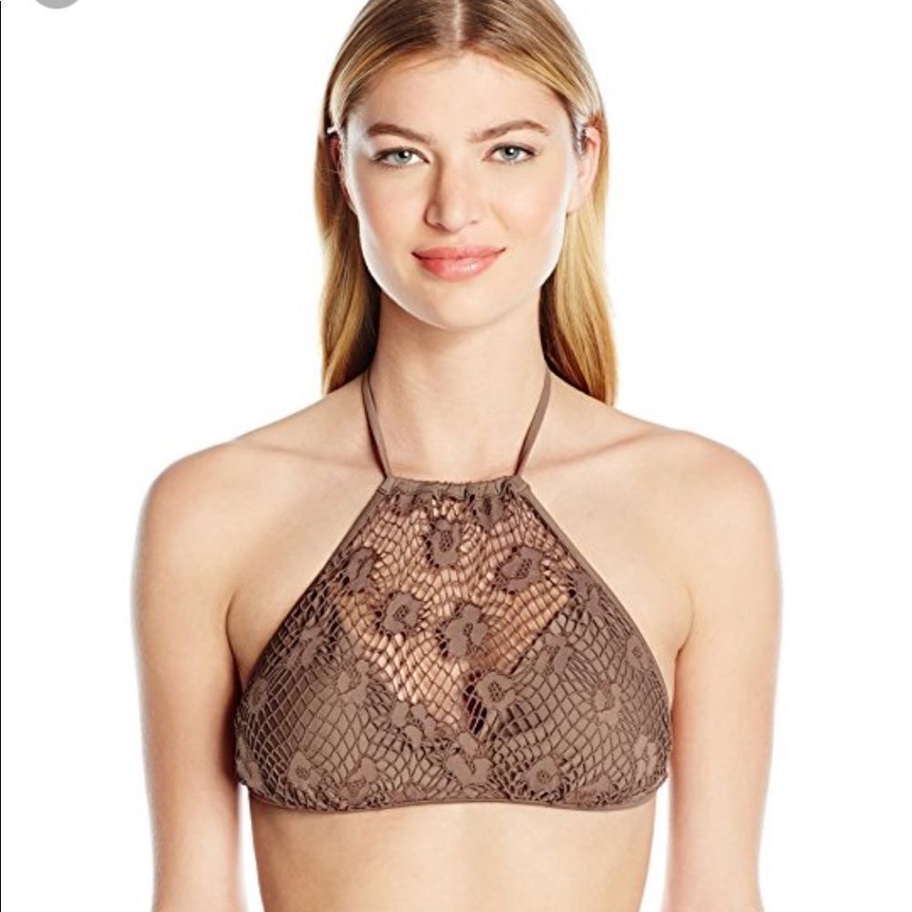 LULI FAMA COSITA BUENA CROCHET ILLUSION HALTER BIKINI TOP NWT